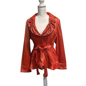 Jerry T Orange Satin Ruffle Zip Collar Belted Blazer Jacket‎ Women's Size Large
